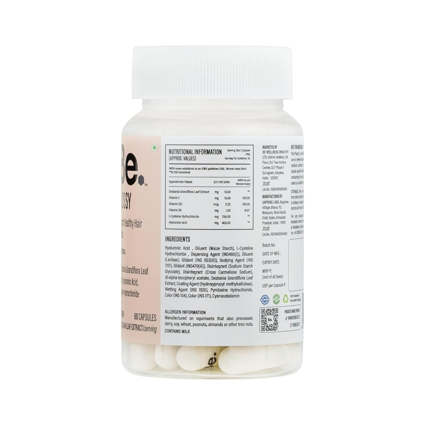 Be. Glossy Hair Supplements | For Hair Growth & Nail Strength| 60 Capsules