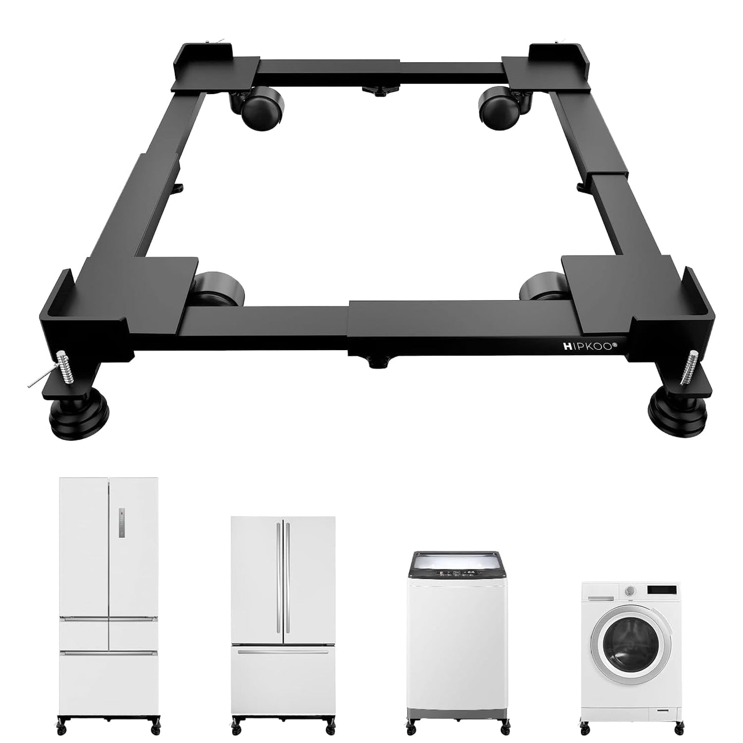 Hipkoo Washing Machine Stand/Trolley with Wheels (7–12 KG) | Adjustable Metal Stand & Anti-Vibration Pads Fits Semi or Front, Top Load Washing Machines, Fridge & Dishwasher, Black, 170 KG Capacity