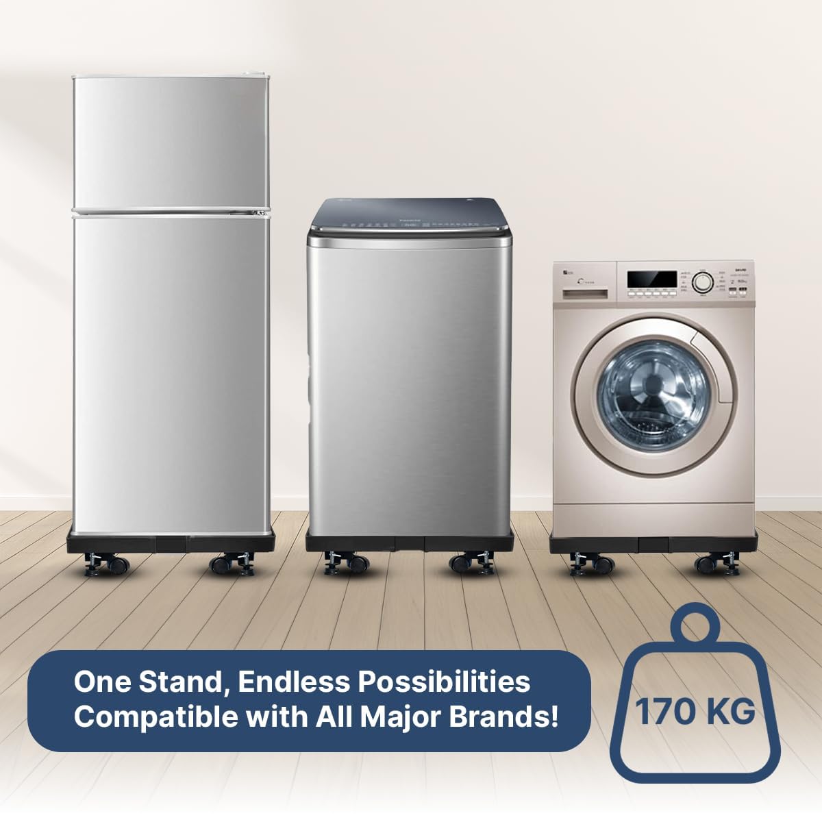 Hipkoo Washing Machine Stand/Trolley with Wheels (7–12 KG) | Adjustable Metal Stand & Anti-Vibration Pads Fits Semi or Front, Top Load Washing Machines, Fridge & Dishwasher, Black, 170 KG Capacity