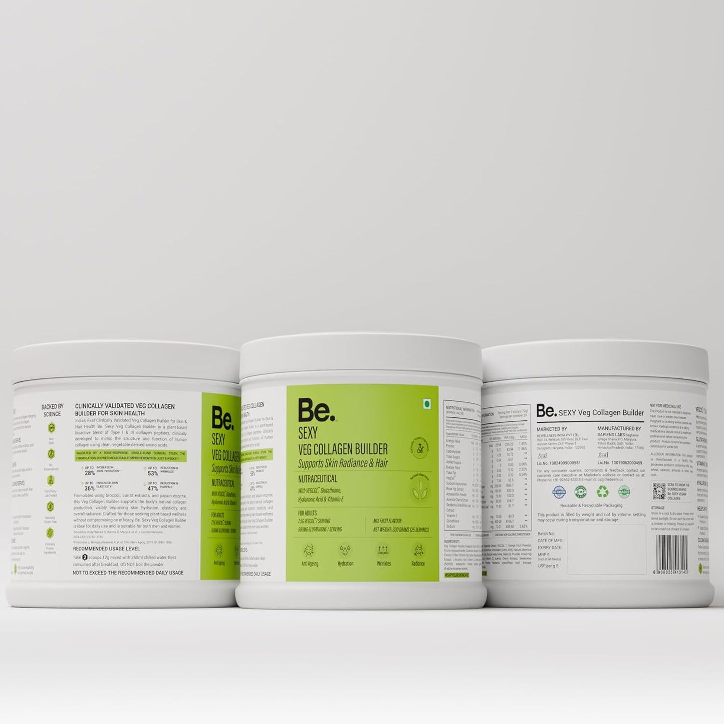 Be. Veg Collagen Powder for Women & Men | For Skin Glow, Hydration, Hair & Nail Health | 300g Mix-Fruit Flavour