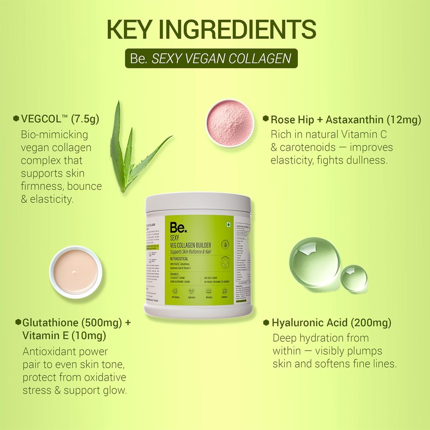Be. Veg Collagen Powder for Women & Men | For Skin Glow, Hydration, Hair & Nail Health | 300g Mix-Fruit Flavour