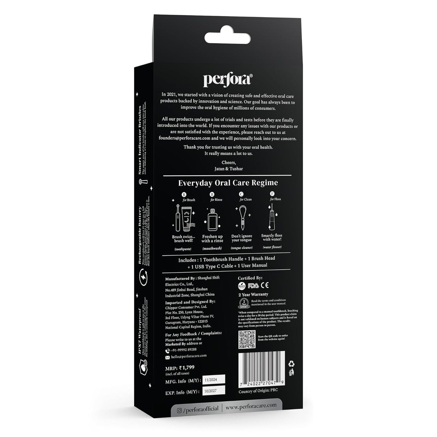 Perfora PRO Oscillating Electric Toothbrush| 2 Year Warranty | Free 3 Sample TP