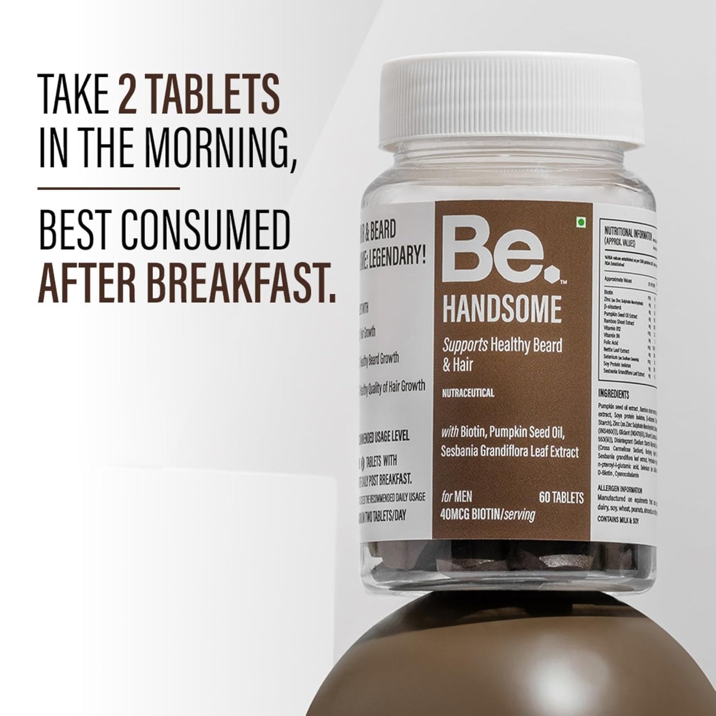 Be. Handsome Biotin Tablets for Hair Growth & Beard Enhancement for Men | 60 Capsules
