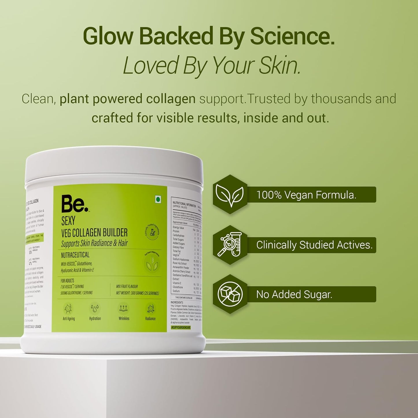 Be. Veg Collagen Powder for Women & Men | For Skin Glow, Hydration, Hair & Nail Health | 300g Mix-Fruit Flavour