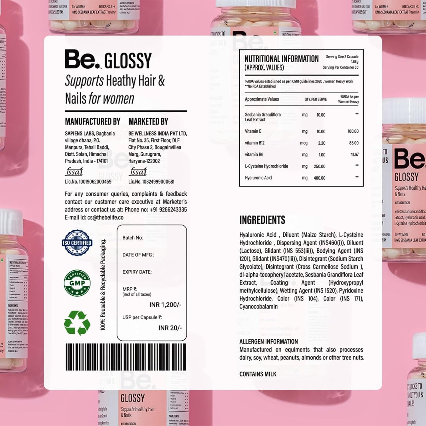 Be. Glossy Hair Supplements | For Hair Growth & Nail Strength| 60 Capsules