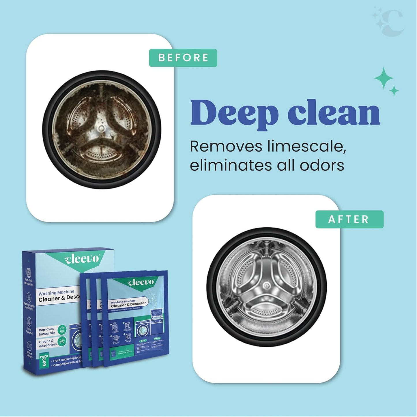 Cleevo Washing Machine Cleaner Powder/Descaler | (Pack of 3) | Front & Top Load Safe