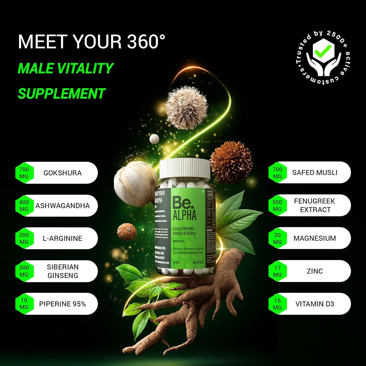 Be. Alpha Testosterone Support for Men | For Energy, Stamina, Vitality & Muscle Mass | (60 capsules)