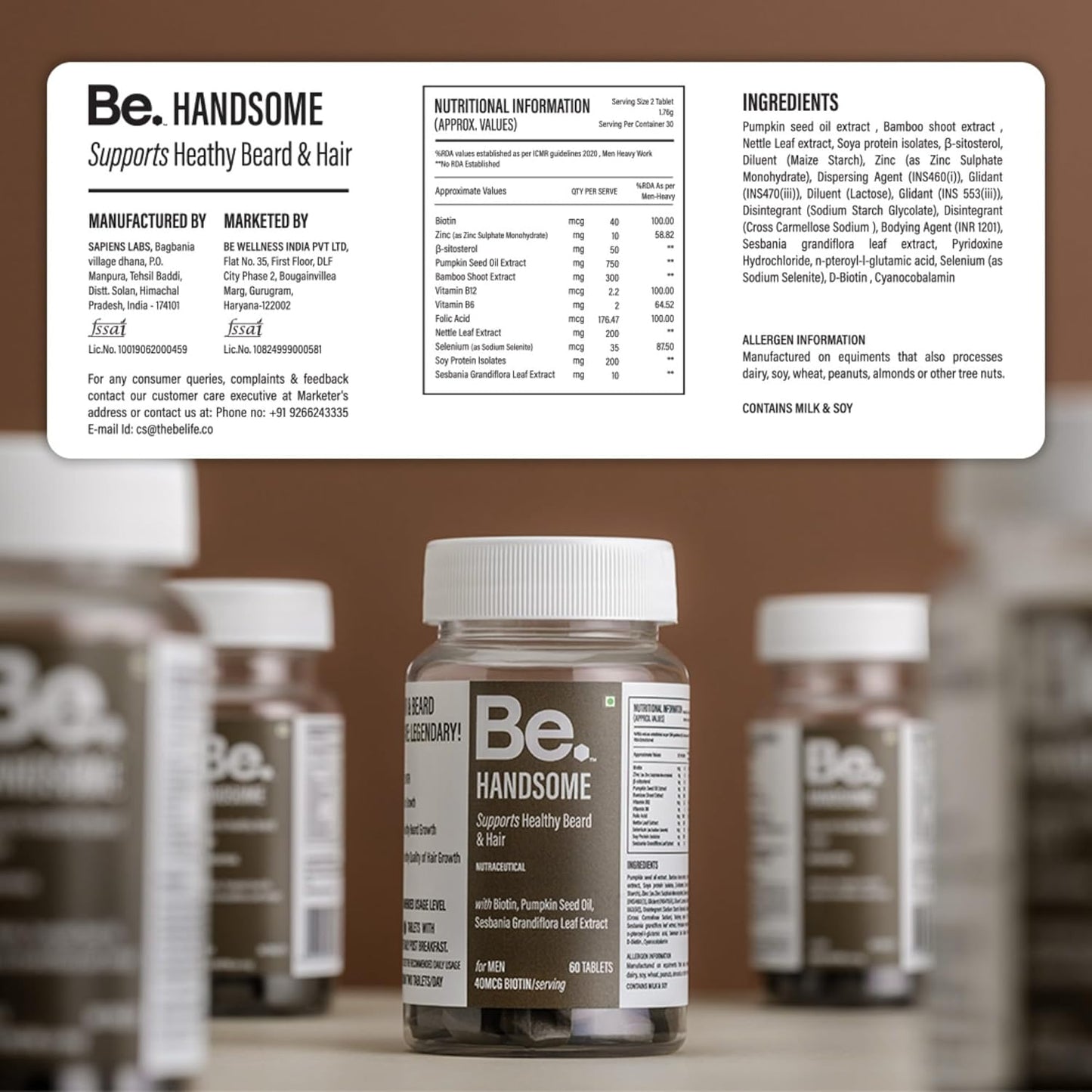 Be. Handsome Biotin Tablets for Hair Growth & Beard Enhancement for Men | 60 Capsules